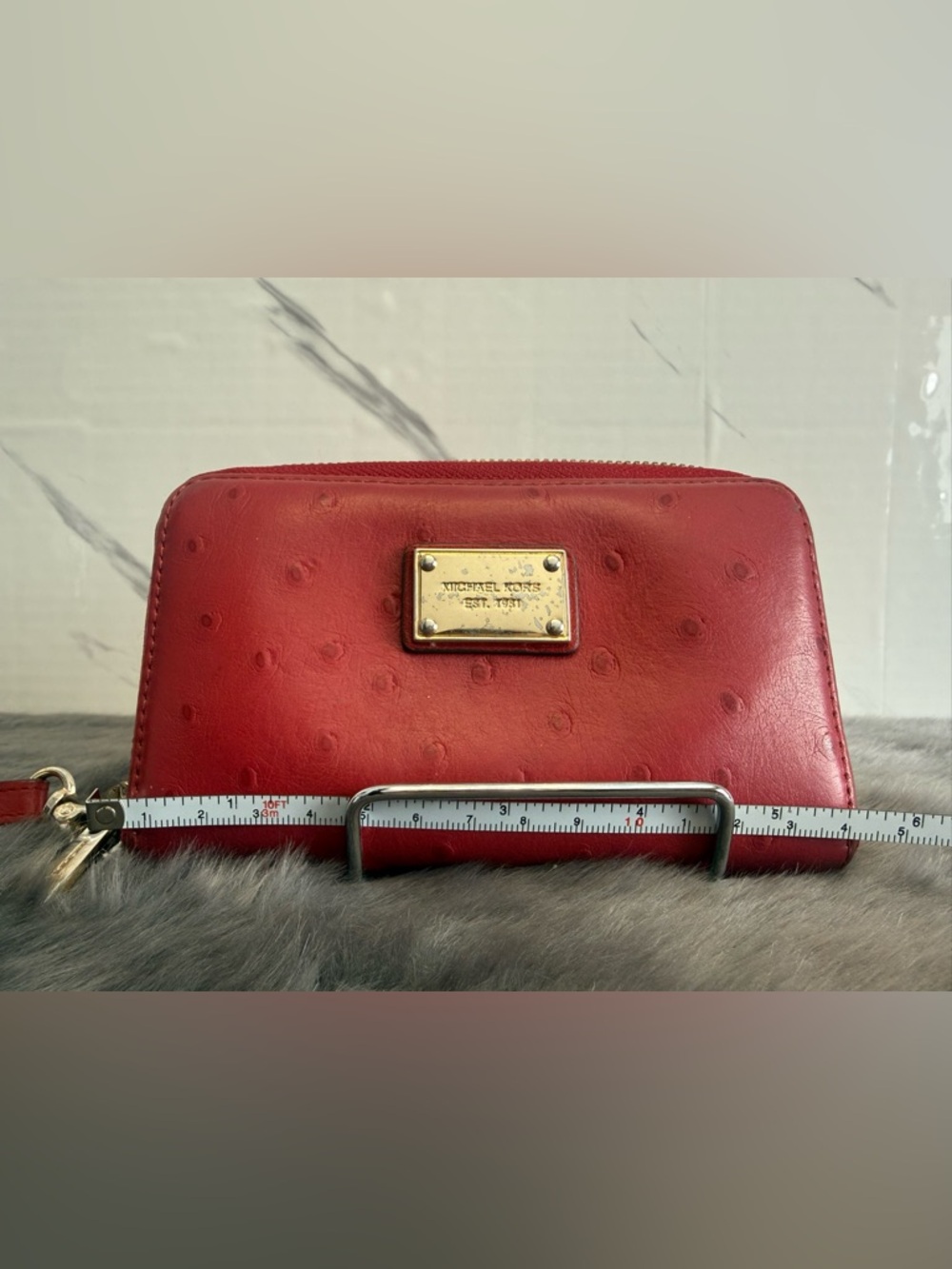 Michael Kors Red Ostrich-Embossed Zip Wallet with Gold Plaque